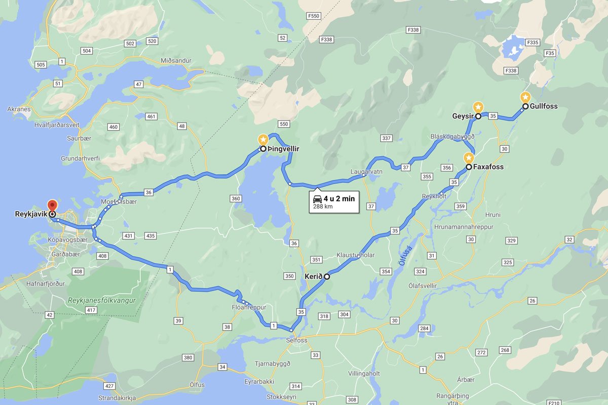 De route van de Golden Circle in IJsland